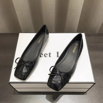 Xajzpa Bowtie Flat Shoes Women Ballerinas Square Toe Slip on Ballet Flats Lazy Loafers Moccasins Ladies Casual Comfort Shoes